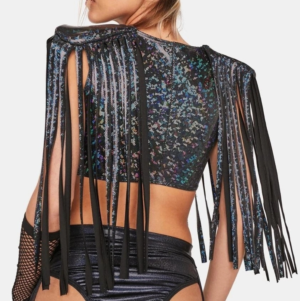 Dolls Kill Black Holographic Rave Roma Holo Shimmer Fringe Crop Top S New - Picture 7 of 7